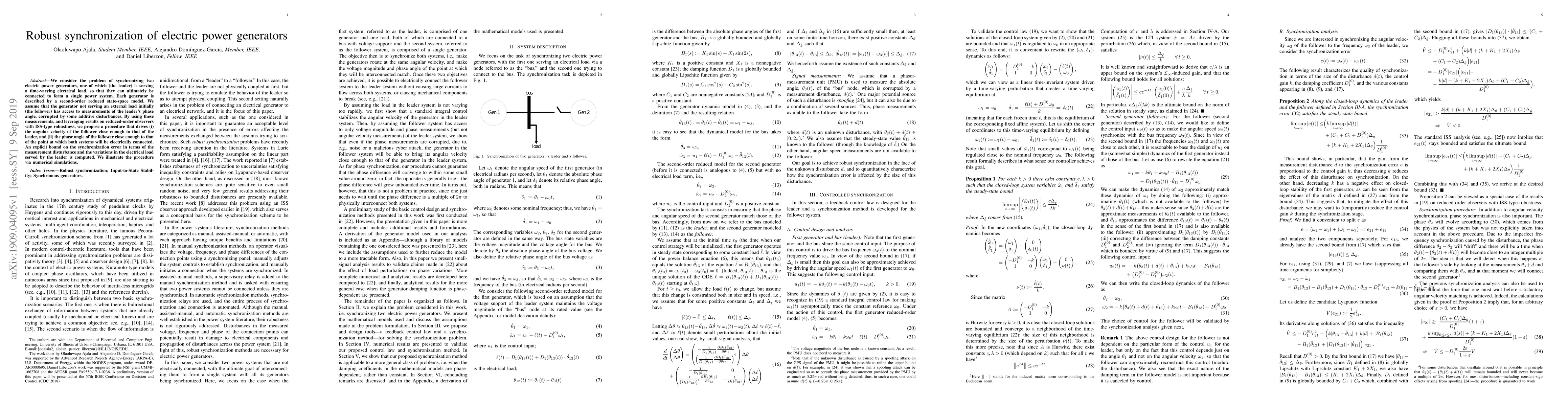 Thumbnail for Robust synchronization of electric power generators
