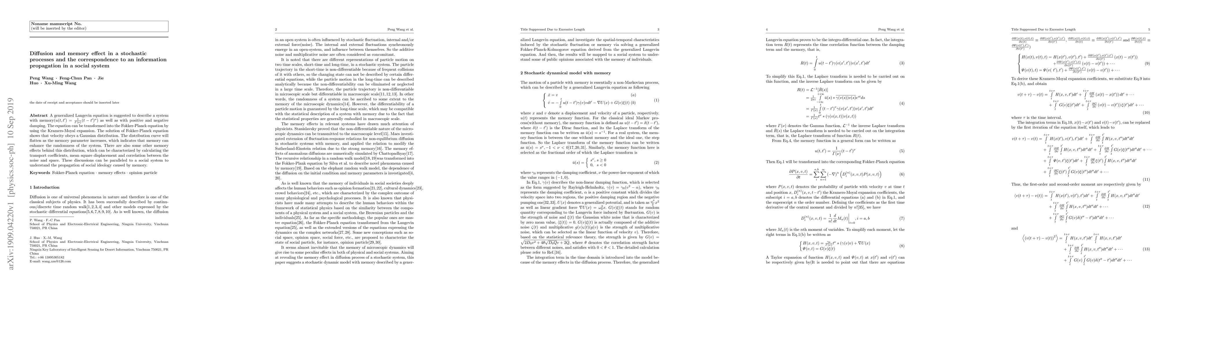 Thumbnail for Diffusion and memory effect in a stochastic processes and the
  correspondence to an information propagation in a social system
