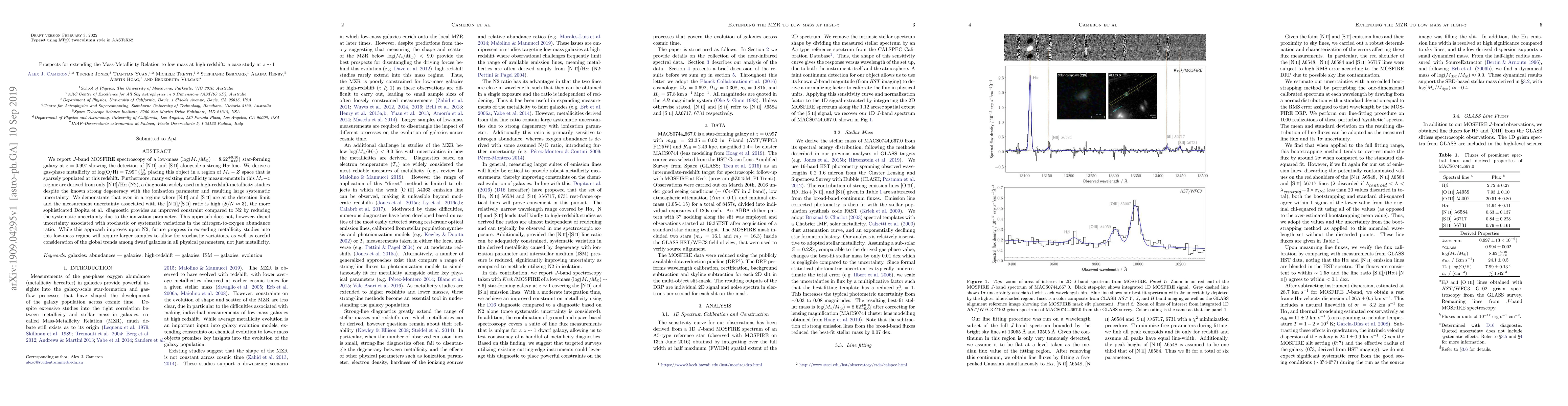 Thumbnail for Prospects for extending the Mass-Metallicity Relation to low mass at
  high redshift: a case study at z~1