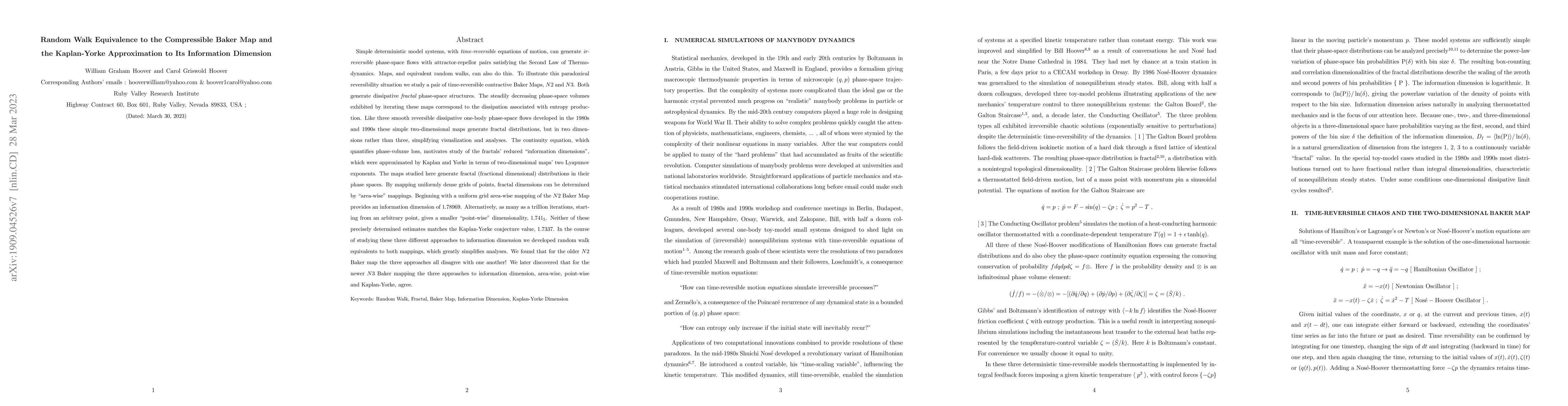 Thumbnail for Random Walk Equivalence to the Compressible Baker Map and the
  Kaplan-Yorke Approximation to Its Information Dimension