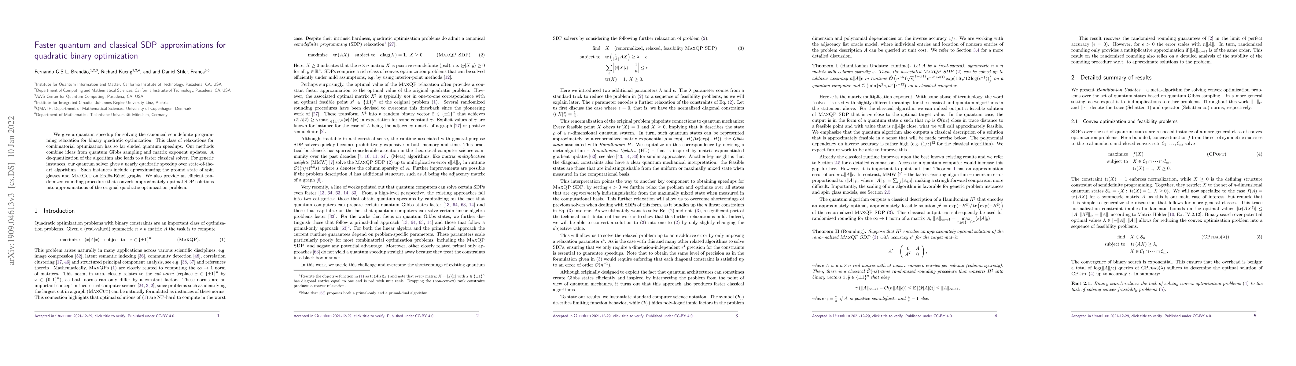 Thumbnail for Faster quantum and classical SDP approximations for quadratic binary
  optimization