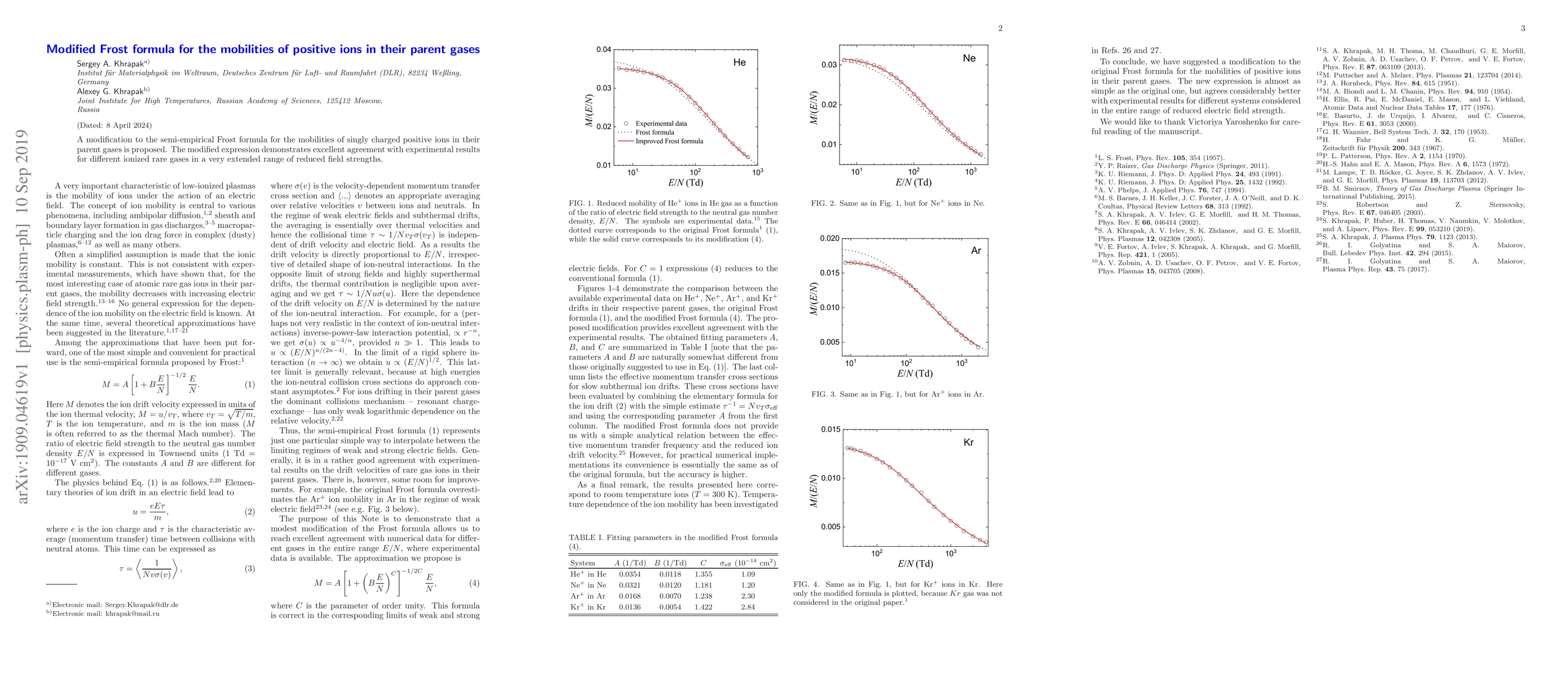 Thumbnail for Modified Frost formula for the mobilities of positive ions in their
  parent gases