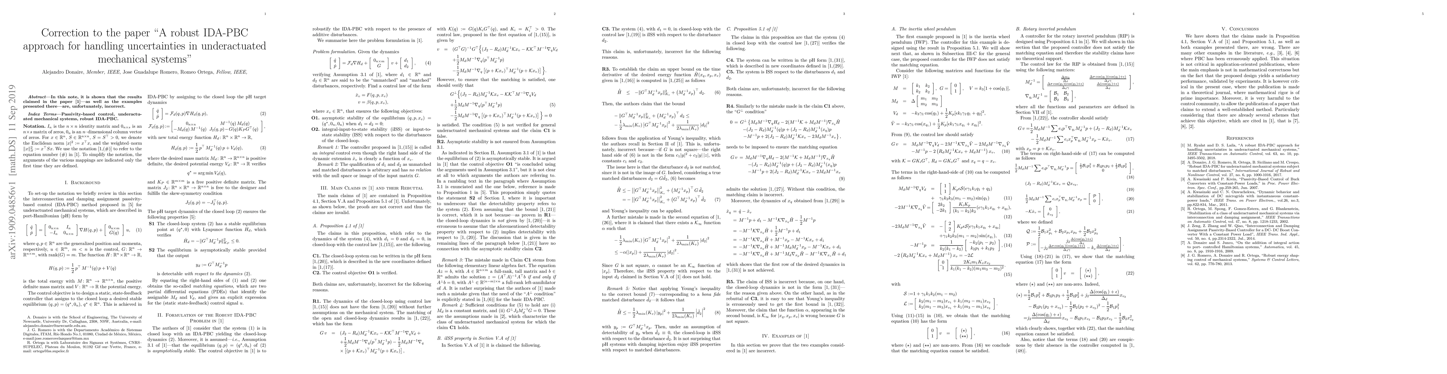 Thumbnail for Correction to the paper "A robust IDA-PBC approach for handling
  uncertainties in underactuated mechanical systems"