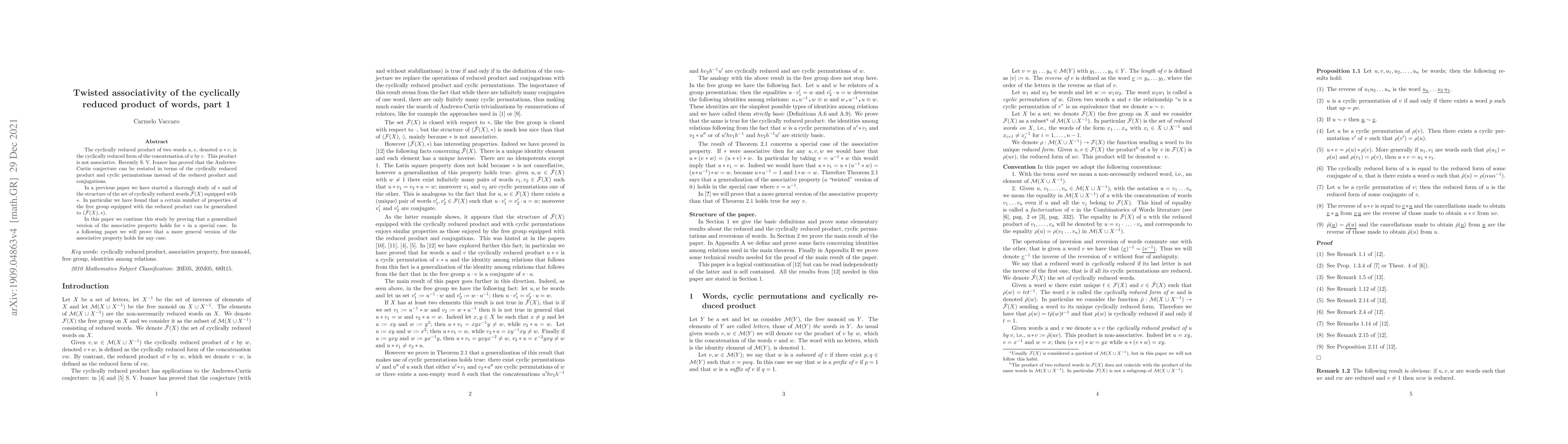 Thumbnail for Twisted associativity of the cyclically reduced product of words, part 1