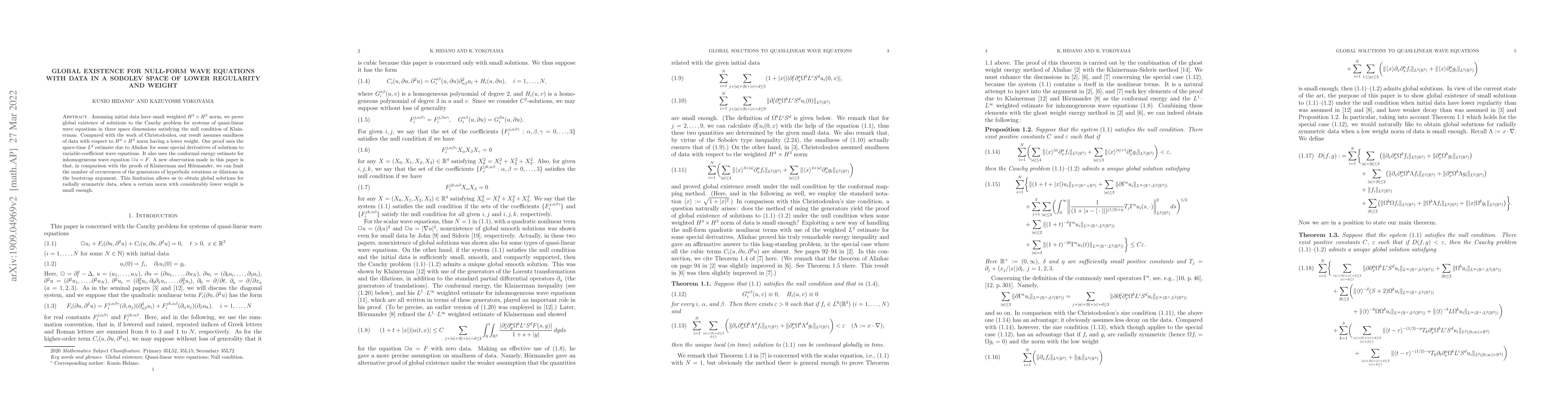 Thumbnail for Global existence for null-form wave equations with data in a Sobolev
  space of lower regularity and weight