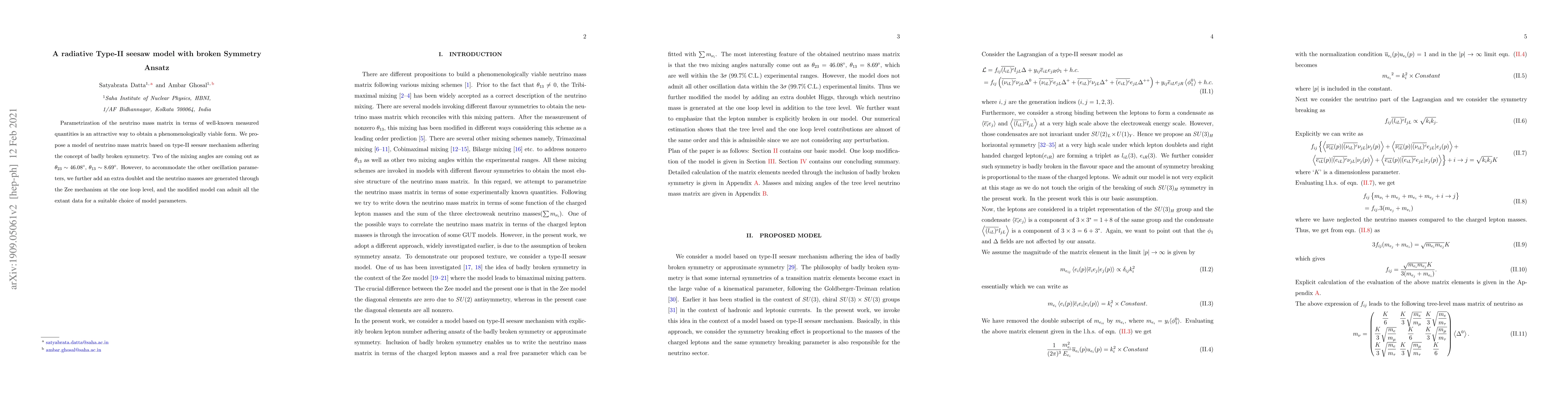 Thumbnail for A radiative Type-II seesaw model with broken Symmetry Ansatz