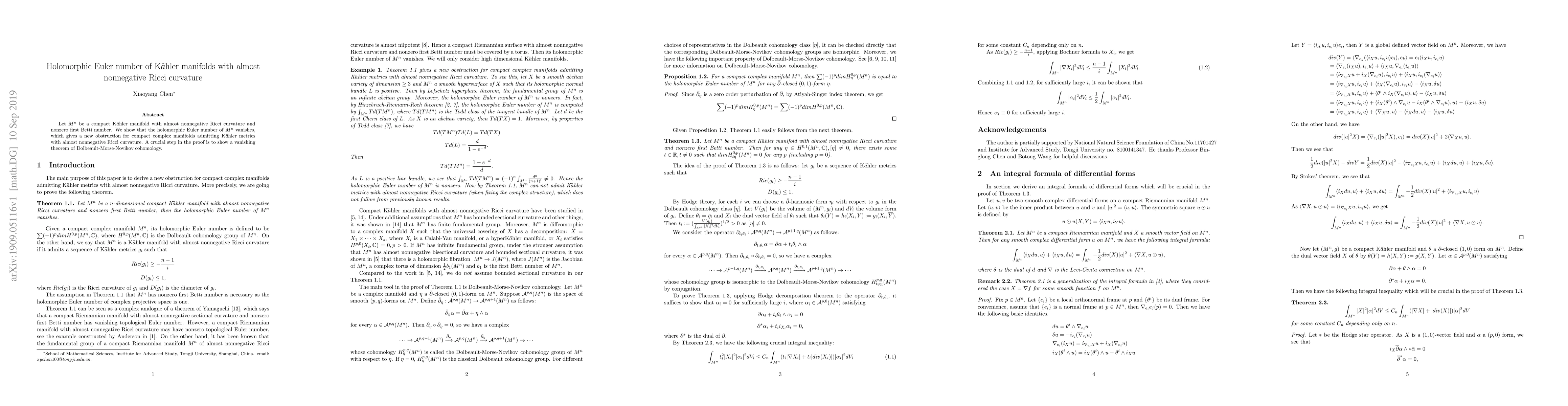 Thumbnail for Holomorphic Euler number of K$\ddot{a}$hler manifolds with almost
  nonnegative Ricci curvature