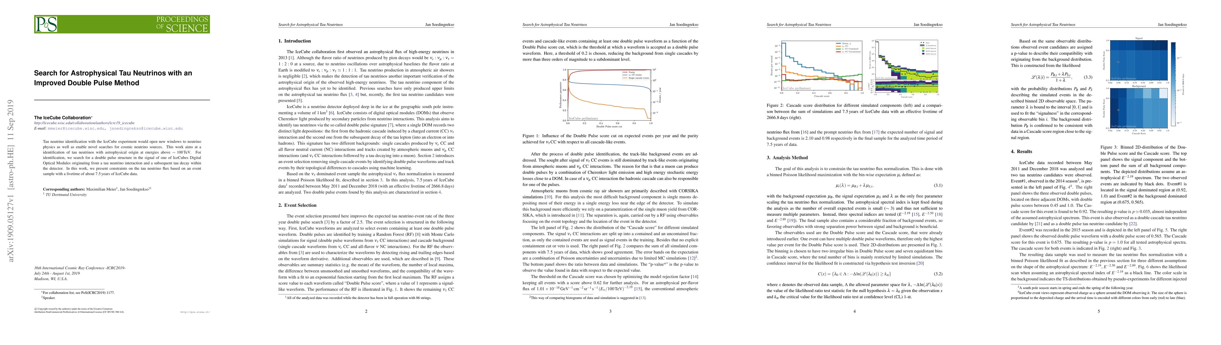 Thumbnail for Search for Astrophysical Tau Neutrinos with an Improved Double Pulse
  Method