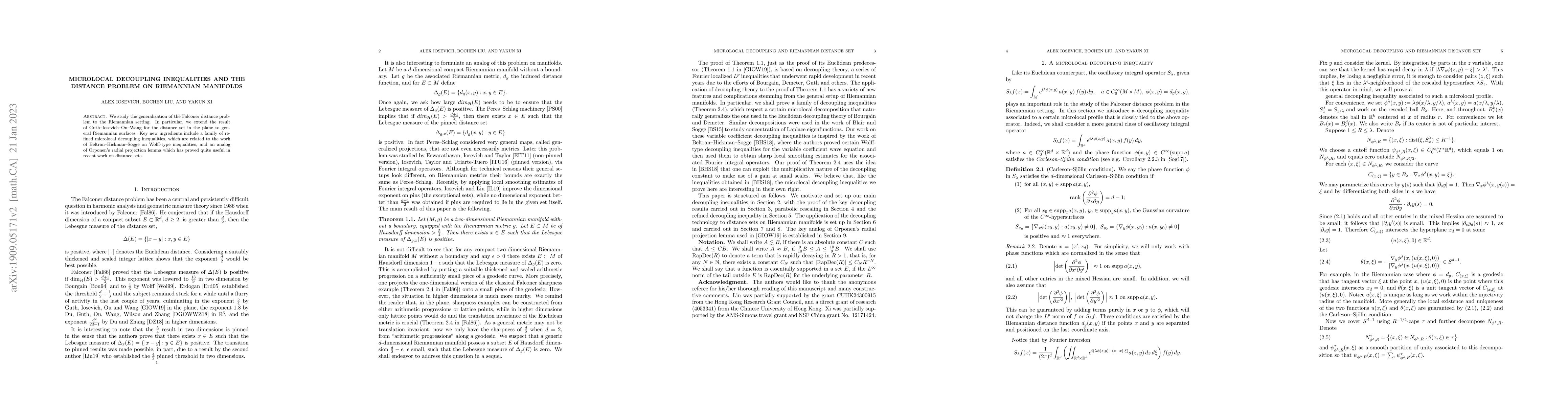 Thumbnail for Microlocal decoupling inequalities and the distance problem on
  Riemannian manifolds