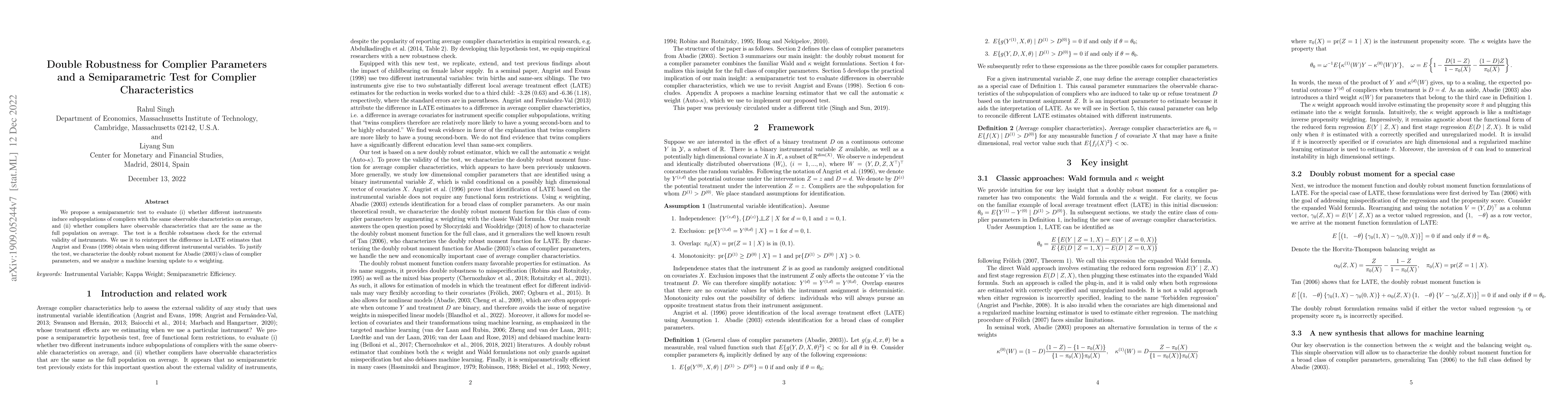 Thumbnail for Double Robustness for Complier Parameters and a Semiparametric Test for
  Complier Characteristics