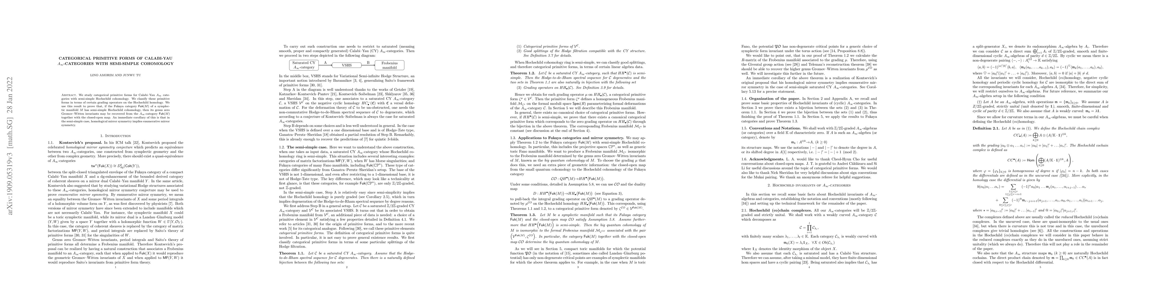 Thumbnail for Categorical primitive forms of Calabi-Yau $A_\infty$-categories with
  semi-simple cohomology