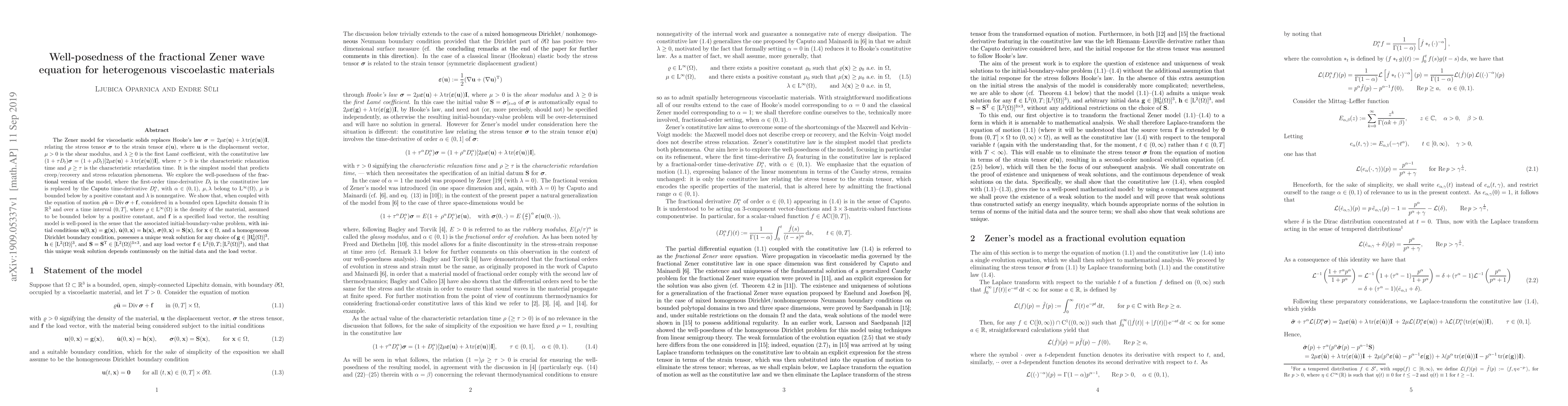 Thumbnail for Well-posedness of the fractional Zener wave equation for heterogenous
  viscoelastic materials