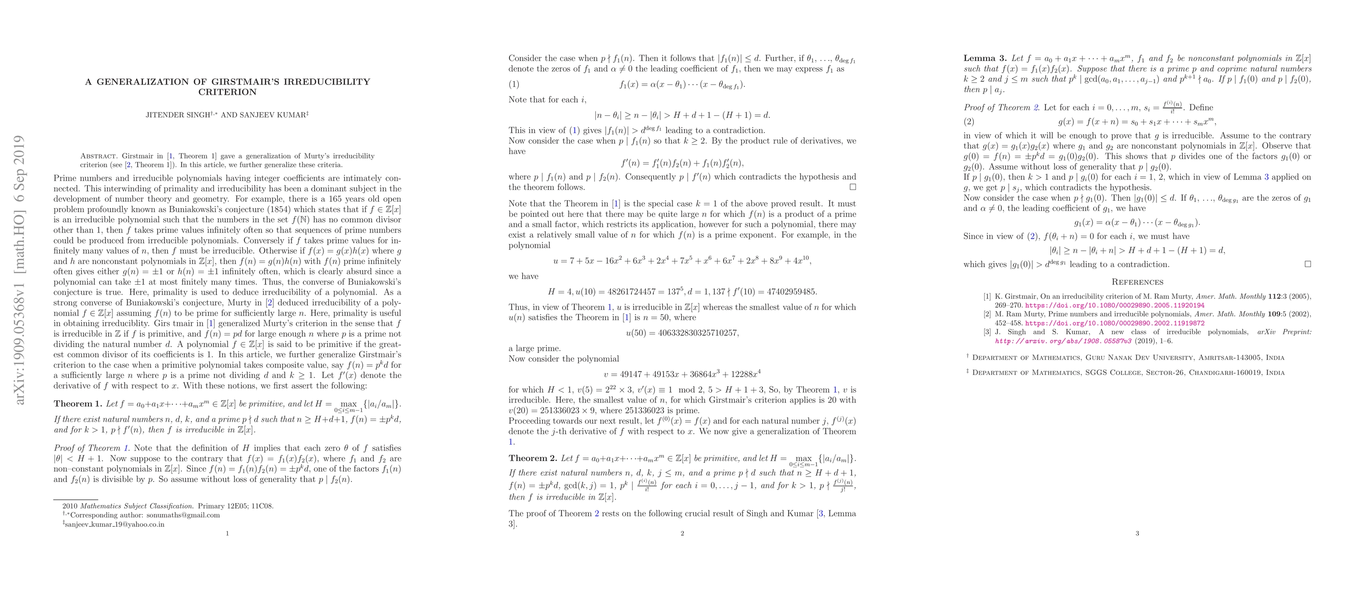 Thumbnail for A Generalization of Girstmair's Irreducibility Criterion