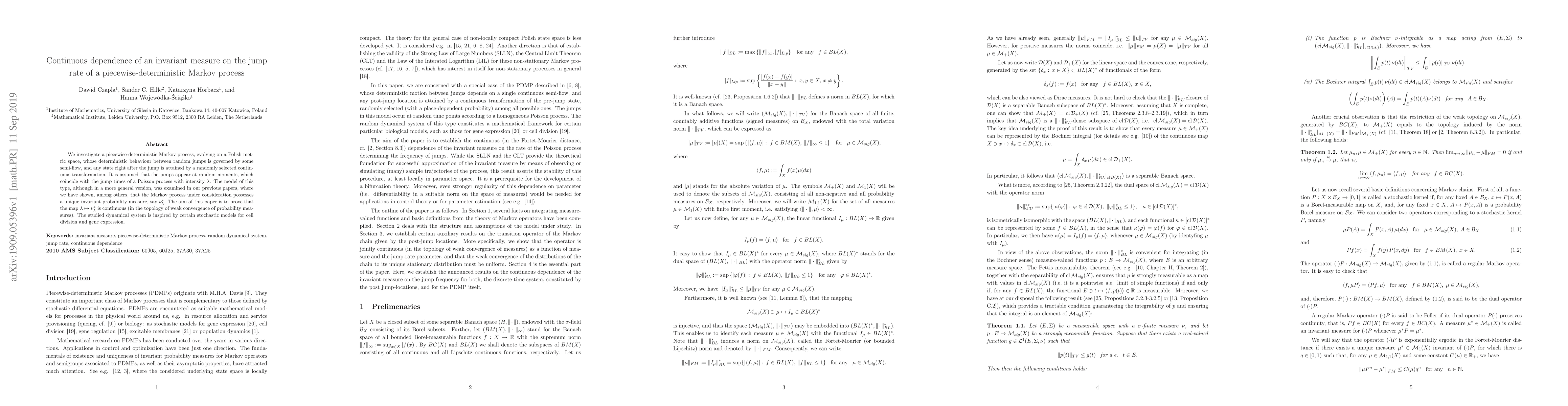Thumbnail for Continuous dependence of an invariant measure on the jump rate of a
  piecewise-deterministic Markov process