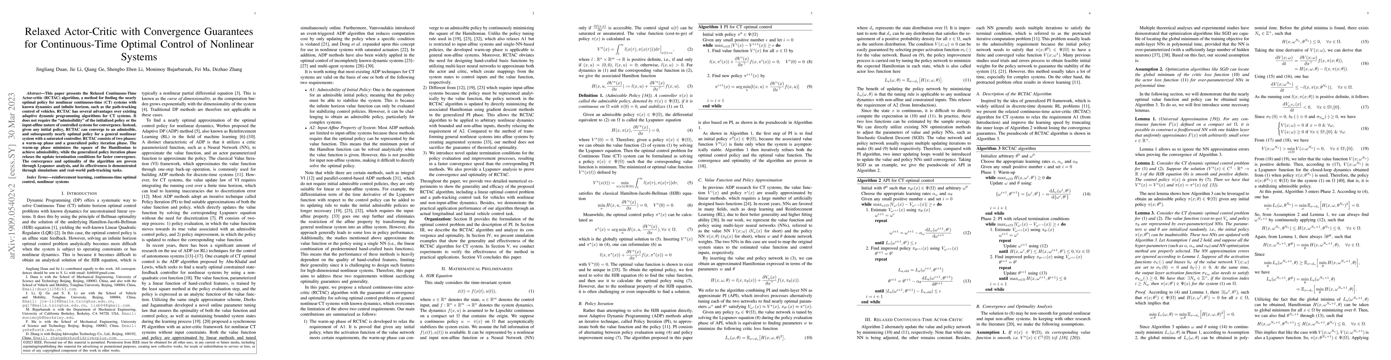 Thumbnail for Relaxed Actor-Critic with Convergence Guarantees for Continuous-Time
  Optimal Control of Nonlinear Systems