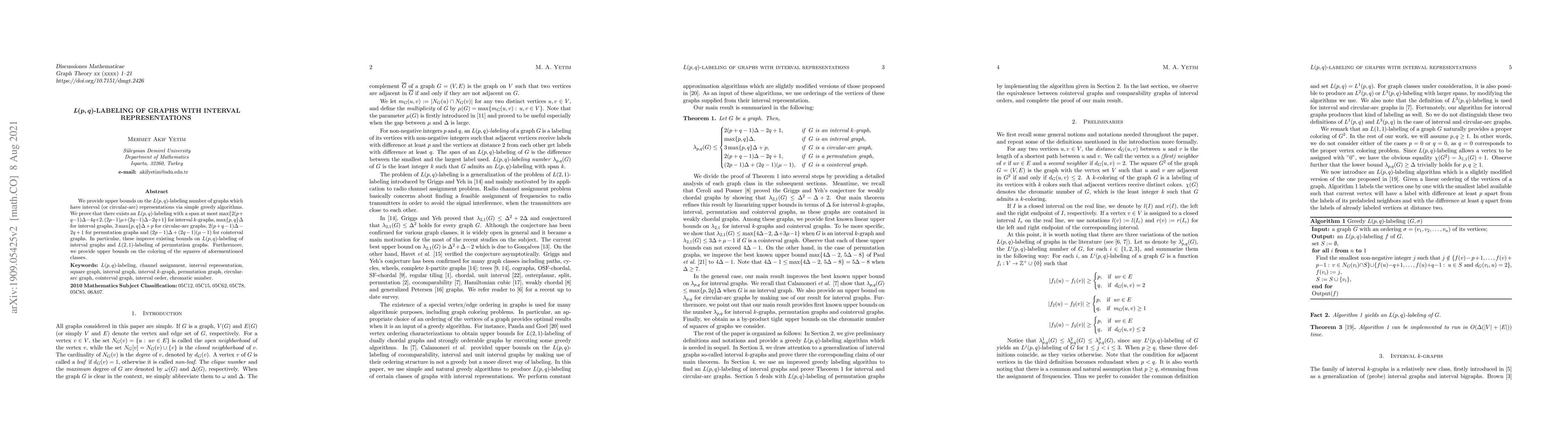 Thumbnail for $L(p,q)$-Labeling of Graphs with Interval Representations