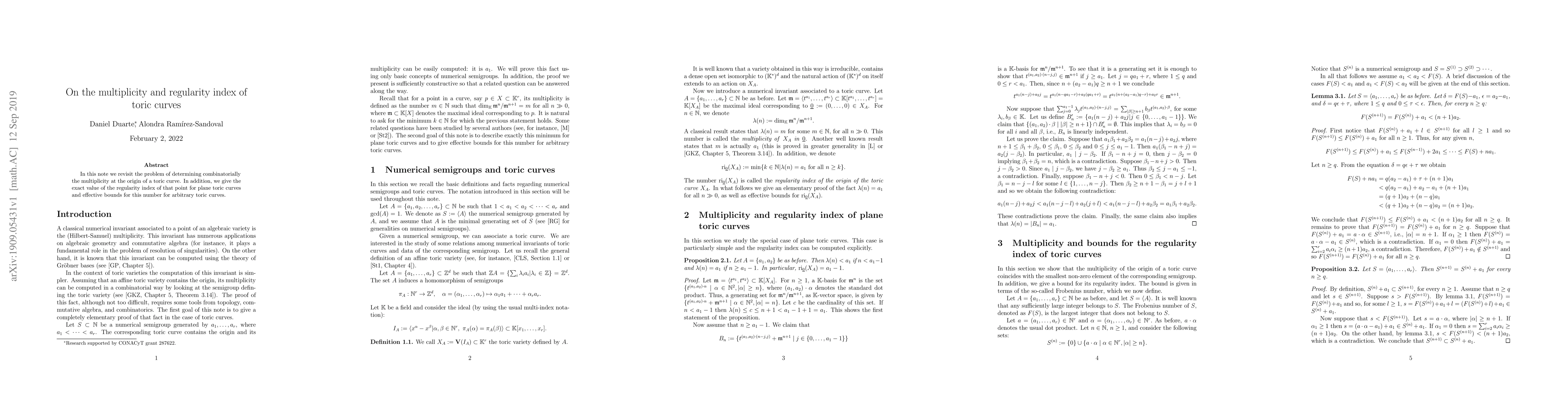 Thumbnail for On the multiplicity and regularity index of toric curves