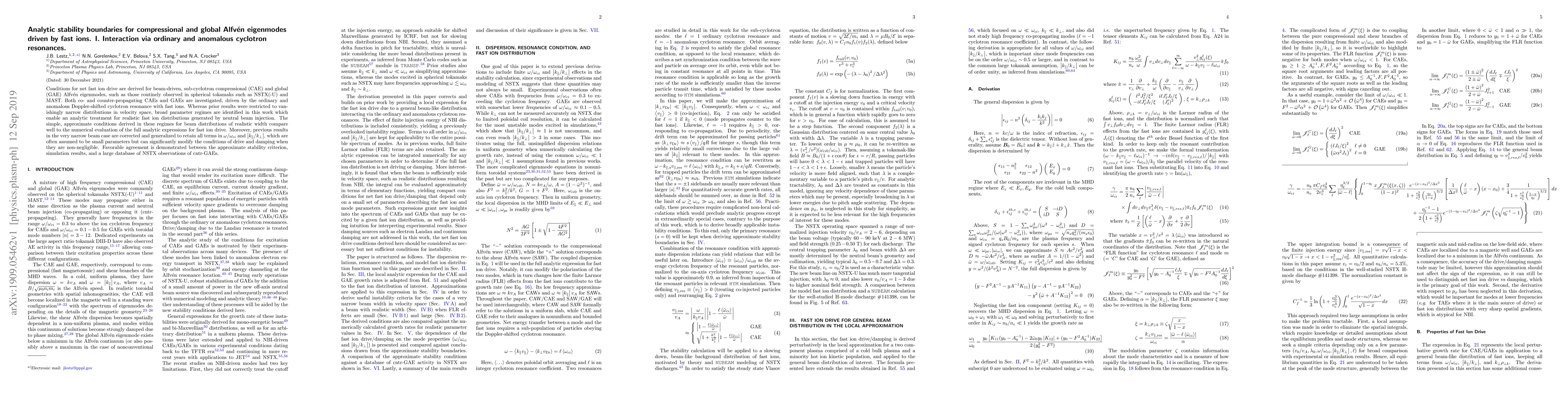 Thumbnail for Analytic stability boundaries for compressional and global Alfv\'en
  eigenmodes driven by fast ions. I. Interaction via ordinary and anomalous
  cyclotron resonances