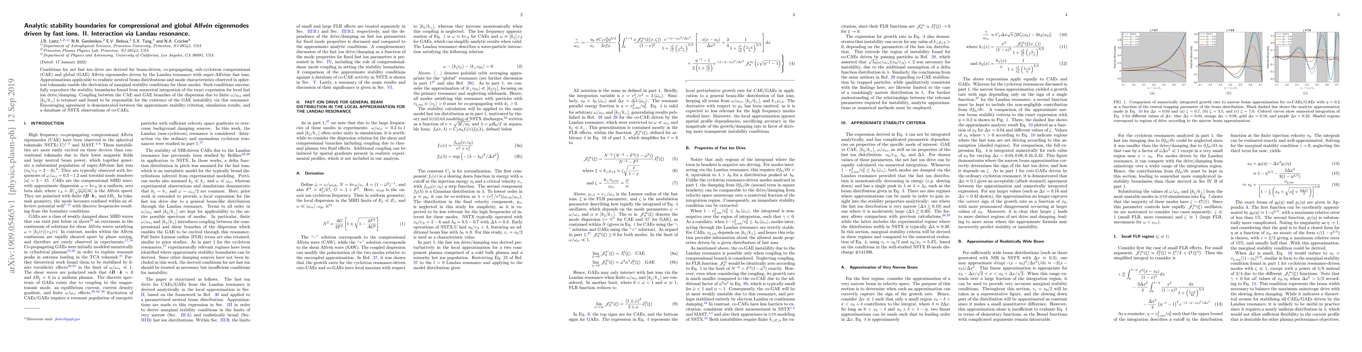 Thumbnail for Analytic stability boundaries for compressional and global Alfv\'en
  eigenmodes driven by fast ions. II. Interaction via Landau resonance