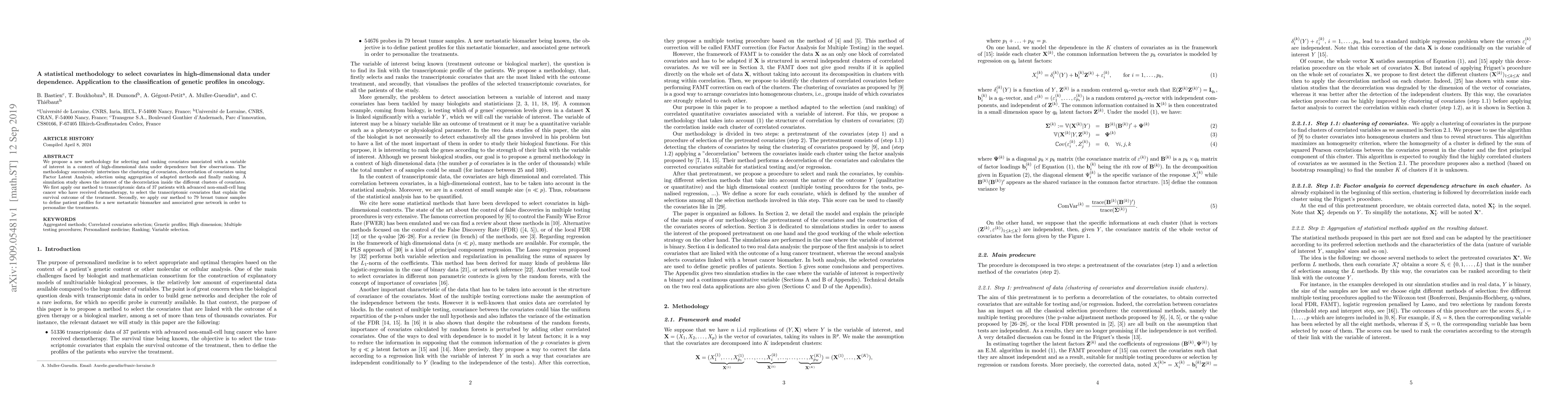 Thumbnail for A statistical methodology to select covariates in high-dimensional data
  under dependence. Application to the classification of genetic profiles in
  oncology
