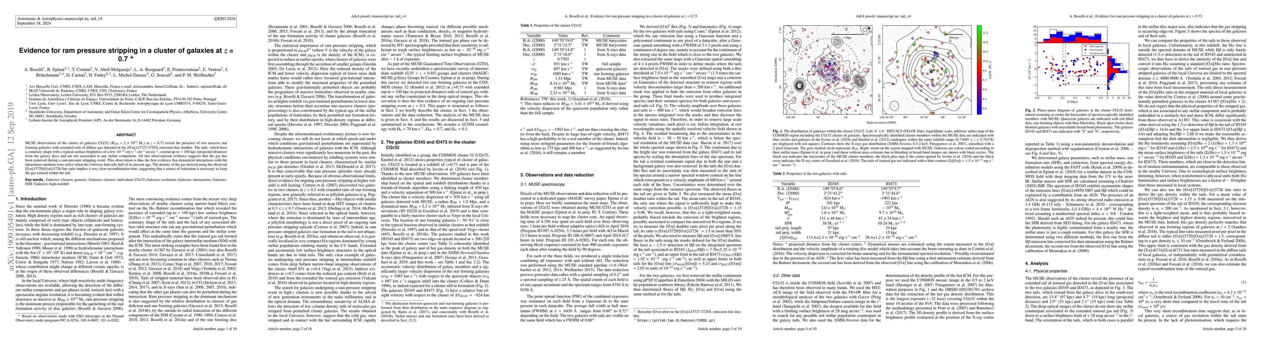Thumbnail for Evidence for ram pressure stripping in a cluster of galaxies at z=0.7