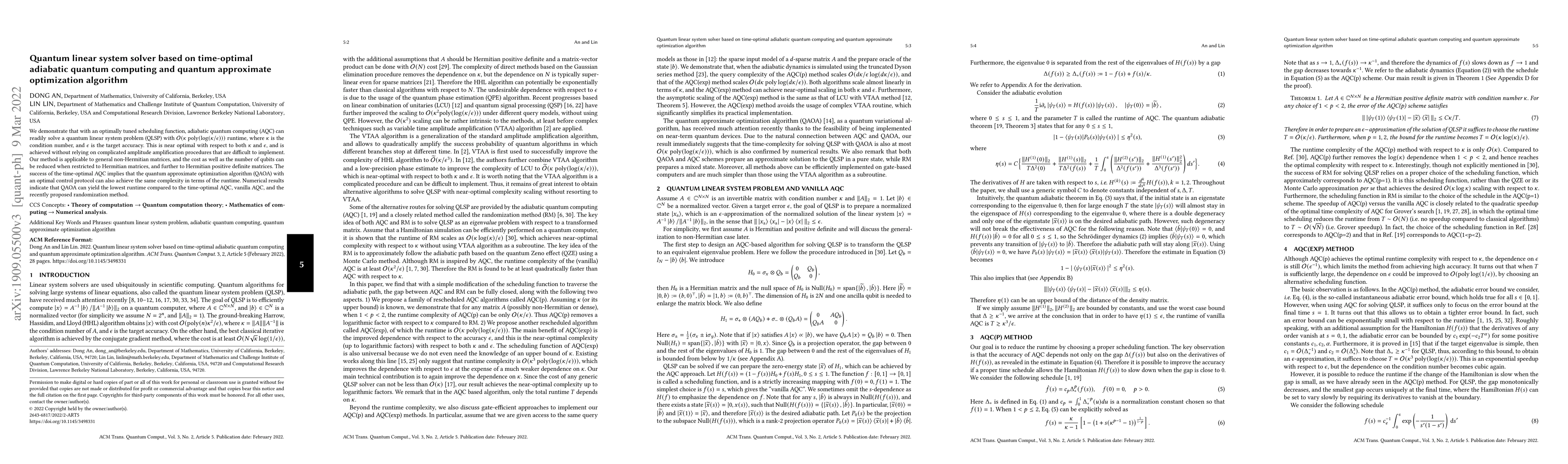 Thumbnail for Quantum linear system solver based on time-optimal adiabatic quantum
  computing and quantum approximate optimization algorithm
