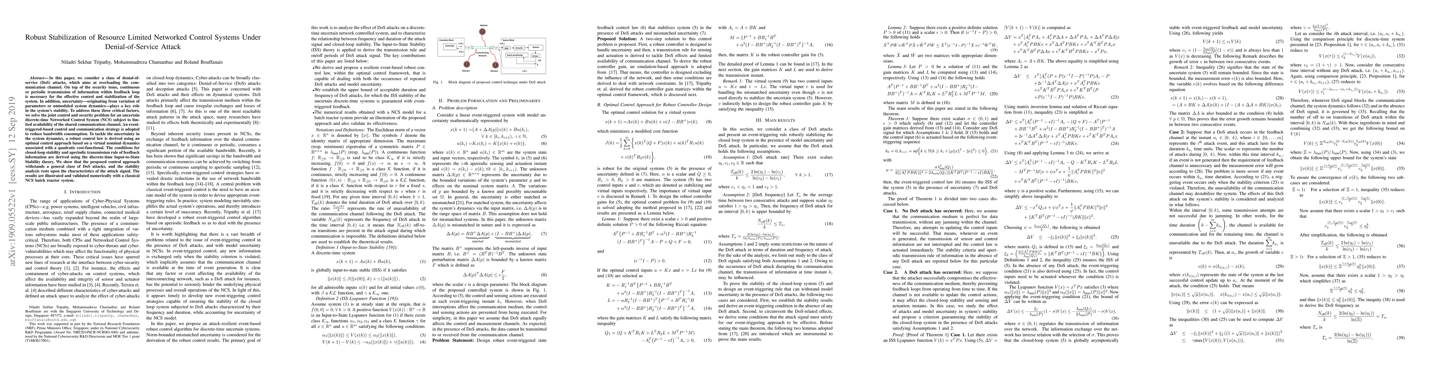 Thumbnail for Robust Stabilization of Resource Limited Networked Control Systems Under
  Denial-of-Service Attack