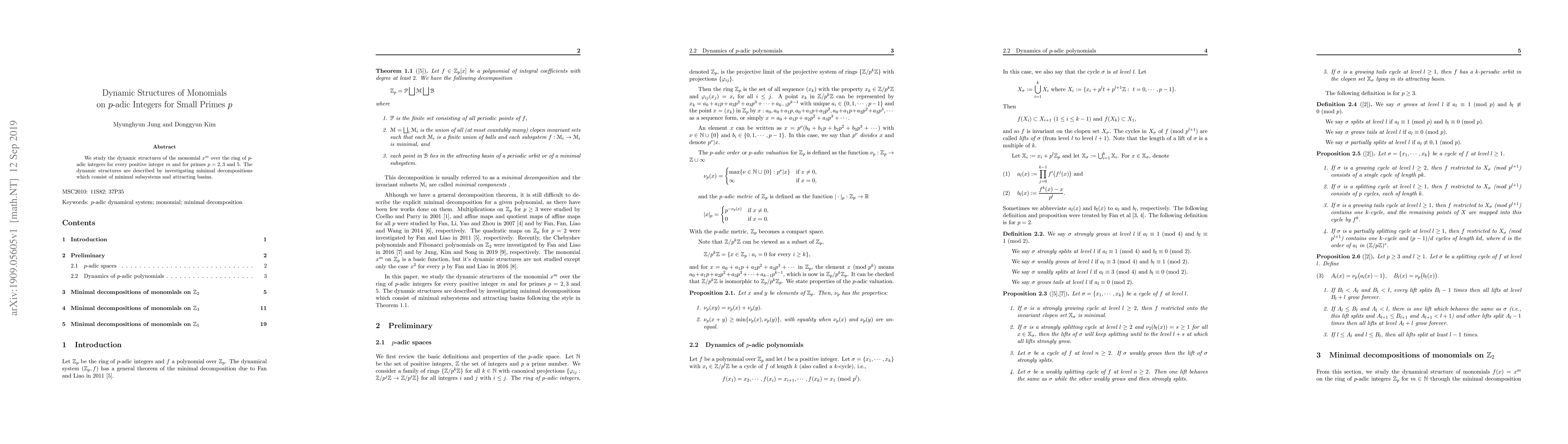 Thumbnail for Dynamic Structures of Monomials on $p$-adic Integers for Small Primes
  $p$