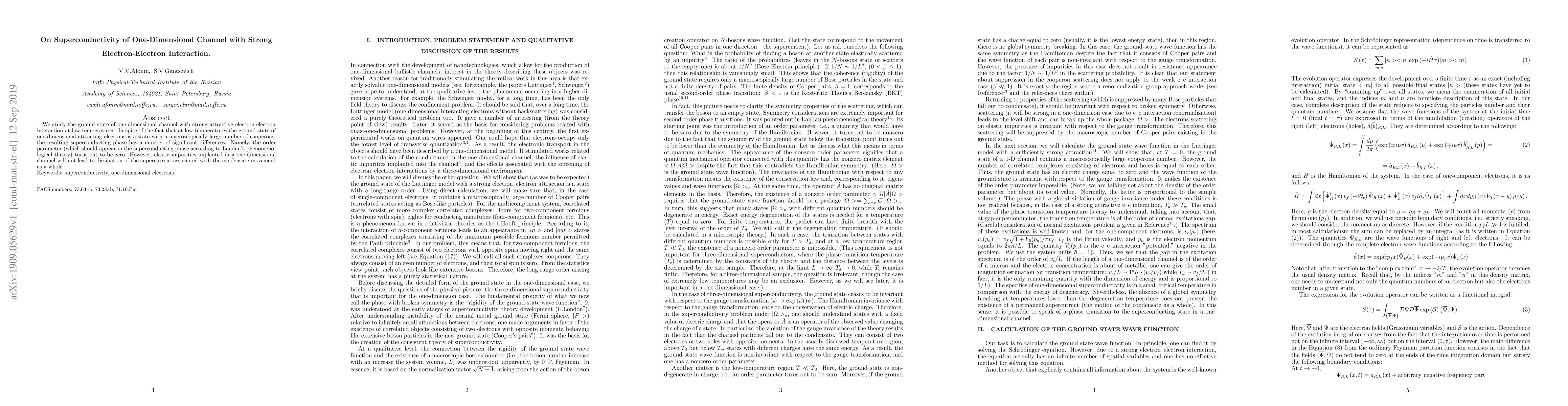 Thumbnail for On Superconductivity of One-Dimensional Channel with Strong
  Electron-Electron Interaction