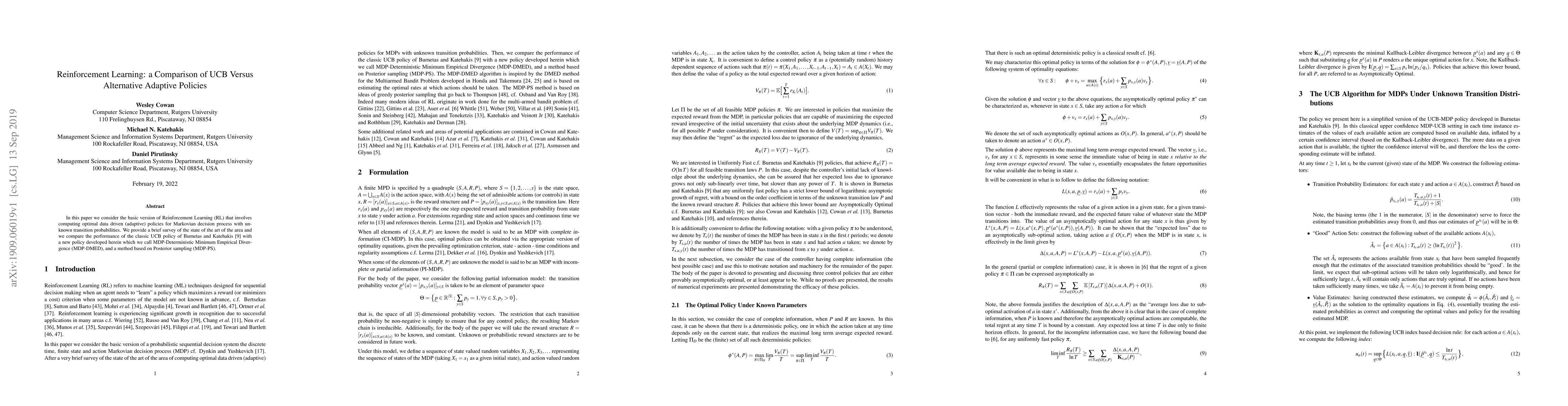 Thumbnail for Reinforcement Learning: a Comparison of UCB Versus Alternative Adaptive
  Policies