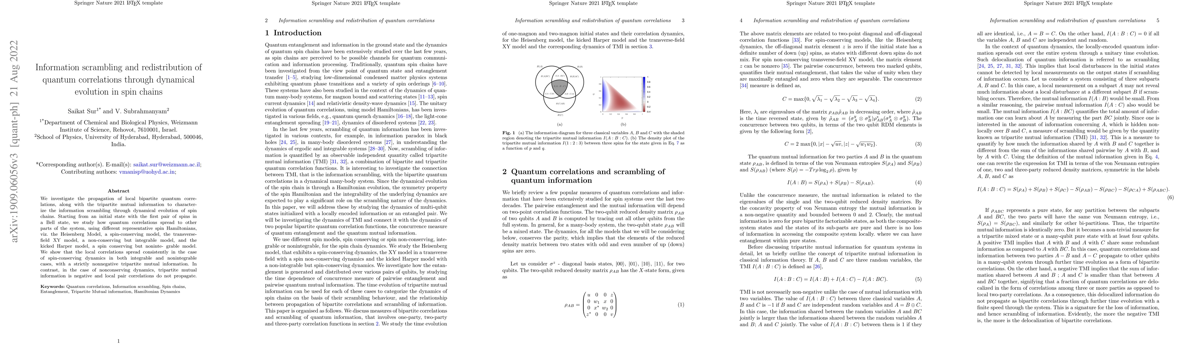 Thumbnail for Information scrambling and redistribution of quantum correlations
  through dynamical evolution in spin chains