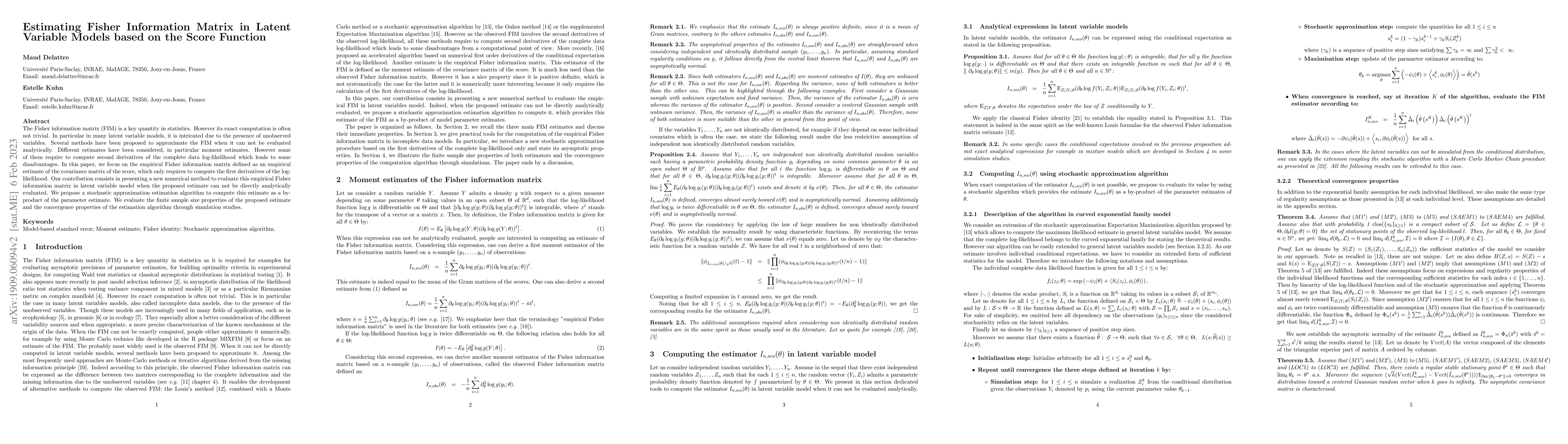Thumbnail for Estimating Fisher Information Matrix in Latent Variable Models based on
  the Score Function