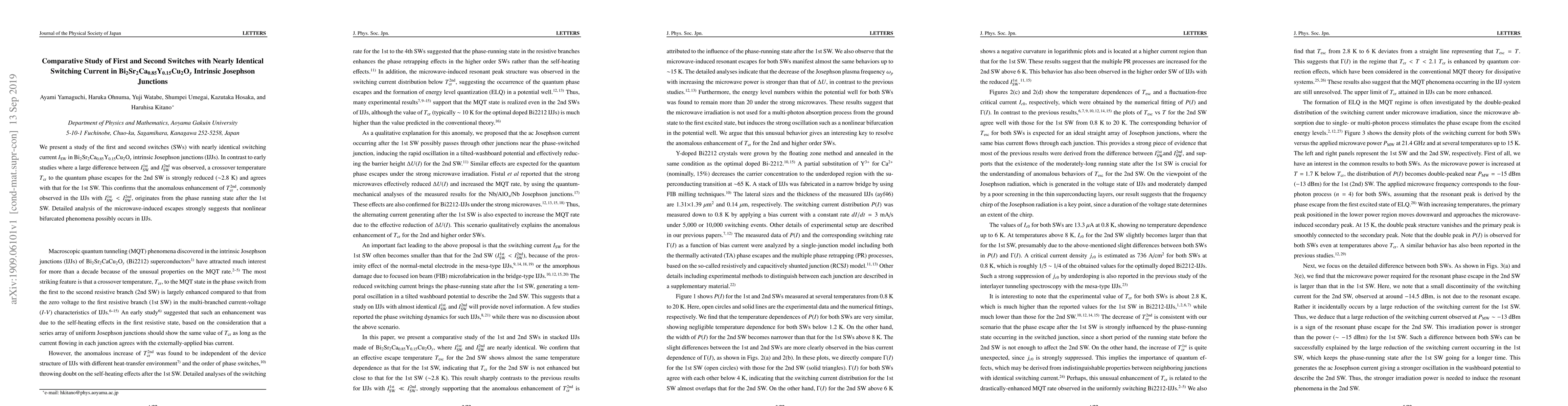 Thumbnail for Comparative Study of First and Second Switches with Nearly Identical
  Switching Current in Bi$_2$Sr$_2$Ca$_{0.85}$Y$_{0.15}$Cu$_2$O$_y$ Intrinsic
  Josephson Junctions