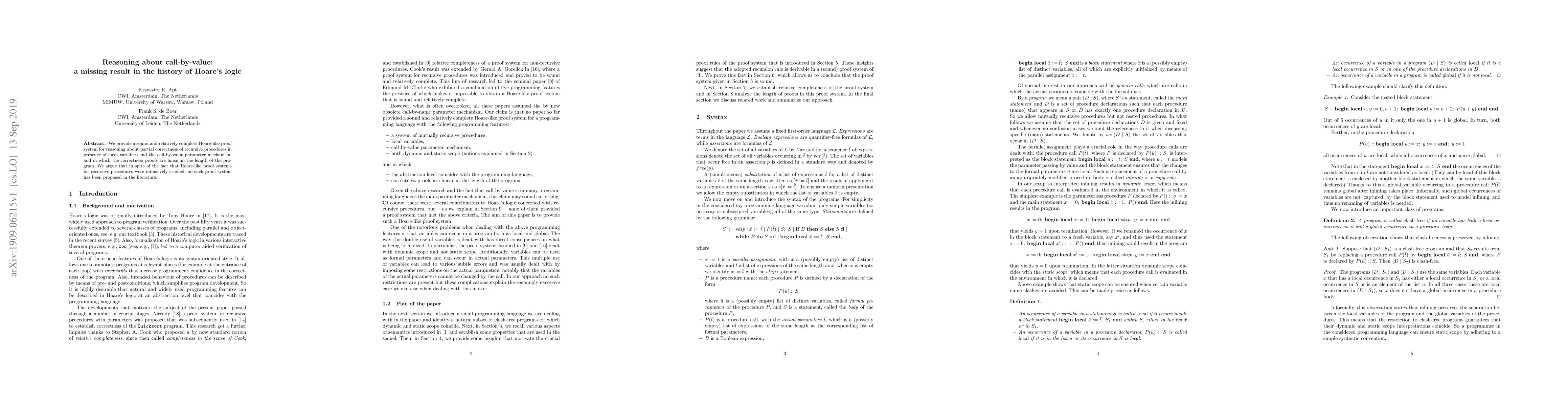 Thumbnail for Reasoning about call-by-value: a missing result in the history of
  Hoare's logic