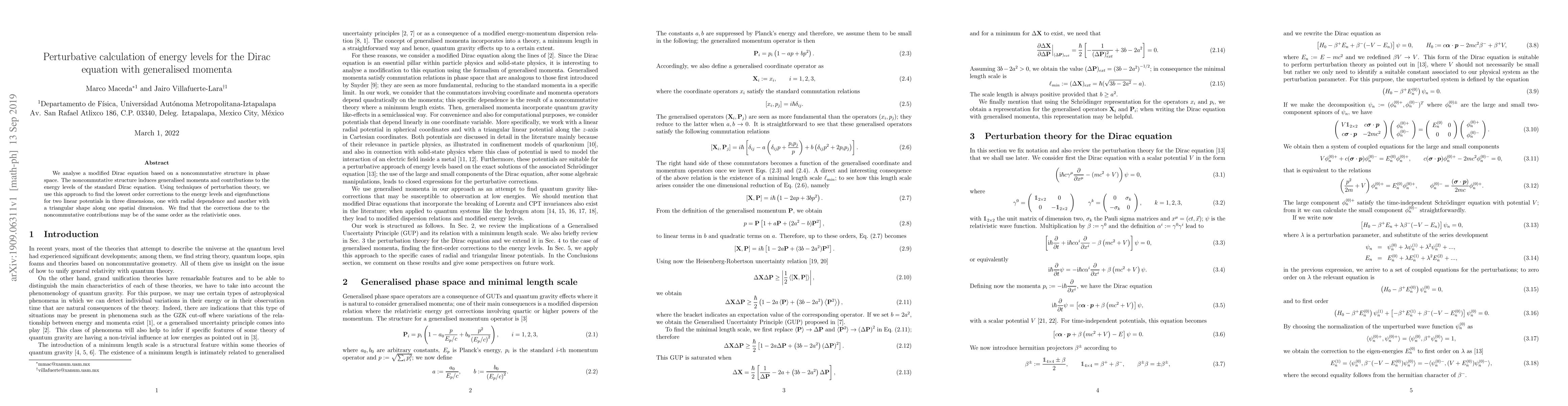 Thumbnail for Perturbative calculation of energy levels for the Dirac equation with
  generalised momenta