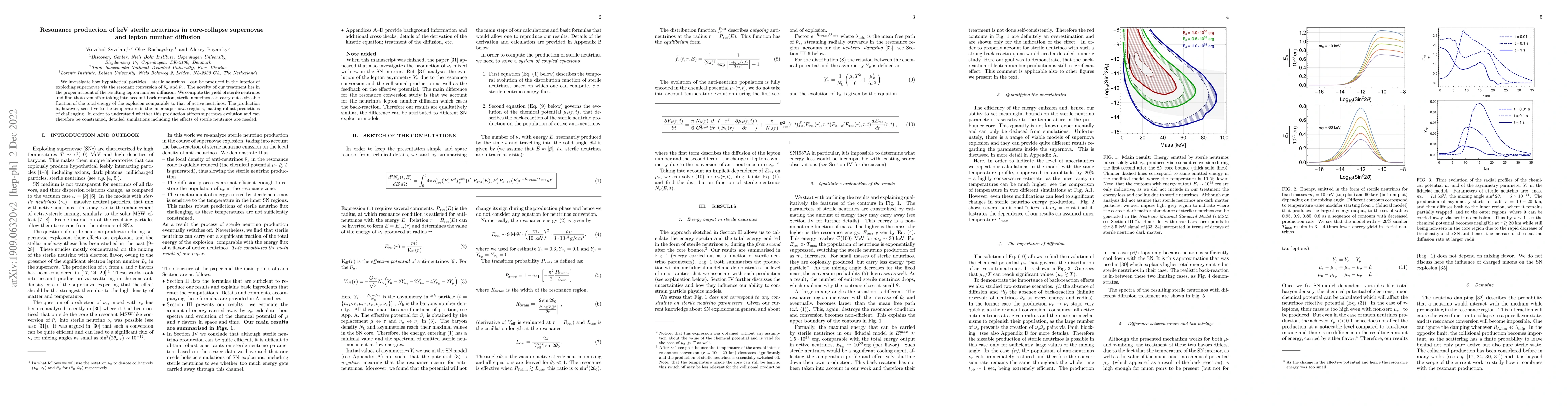 Thumbnail for Resonance production of keV sterile neutrinos in core-collapse
  supernovae and lepton number diffusion