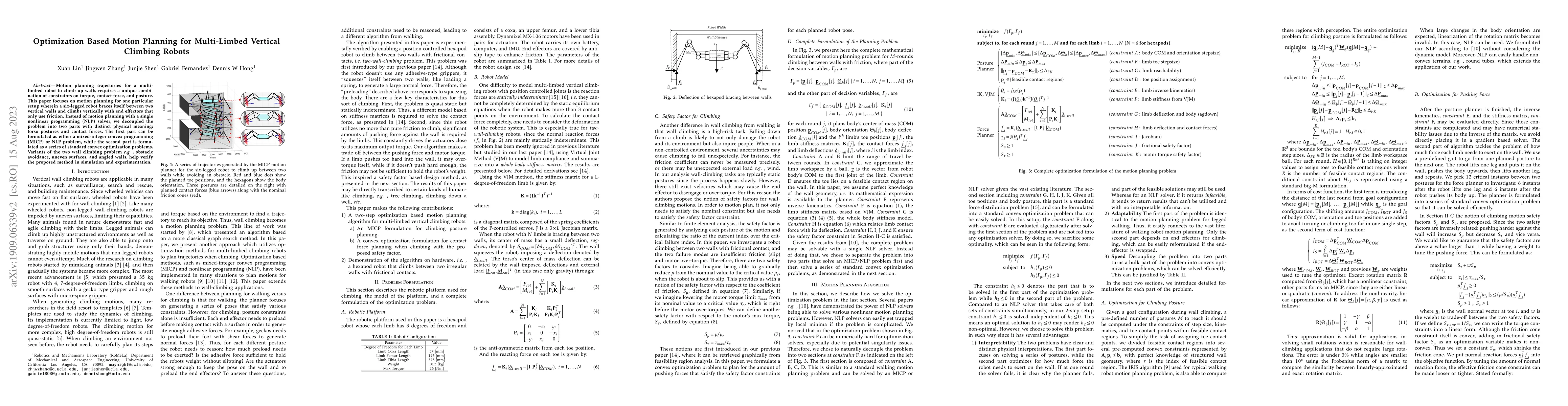 Thumbnail for Optimization Based Motion Planning for Multi-Limbed Vertical Climbing
  Robots