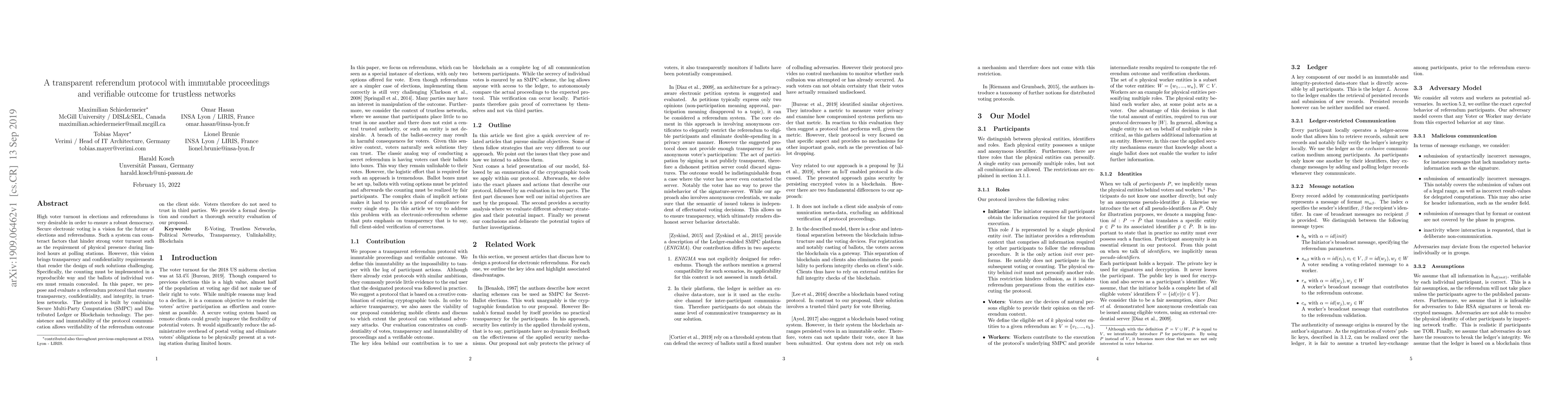 Thumbnail for A transparent referendum protocol with immutable proceedings and
  verifiable outcome for trustless networks