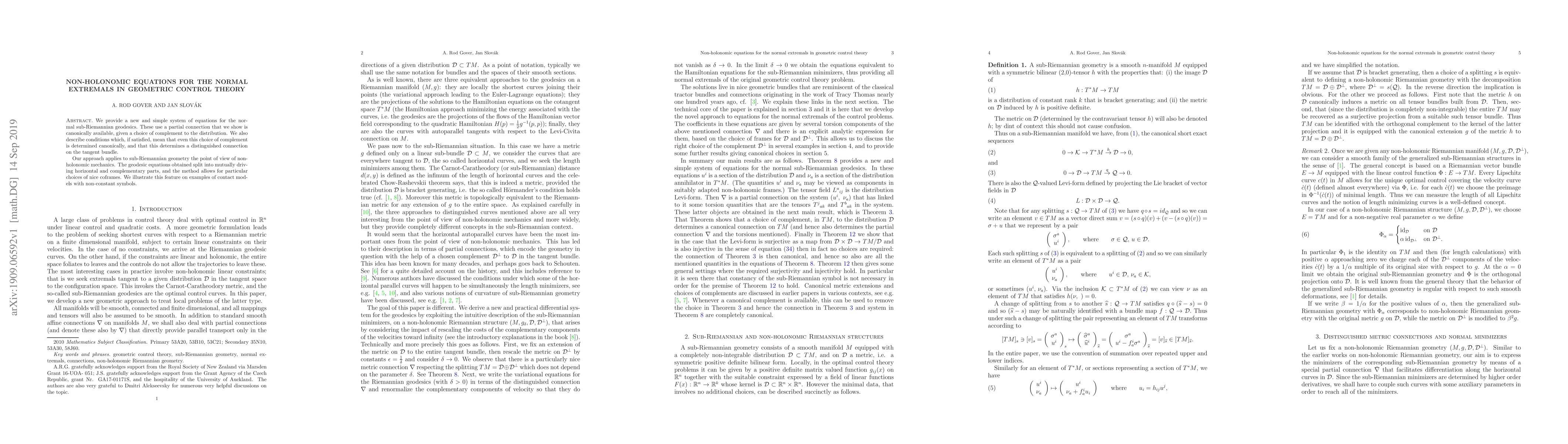 Thumbnail for Non-holonomic equations for the normal extremals in geometric control
  theory