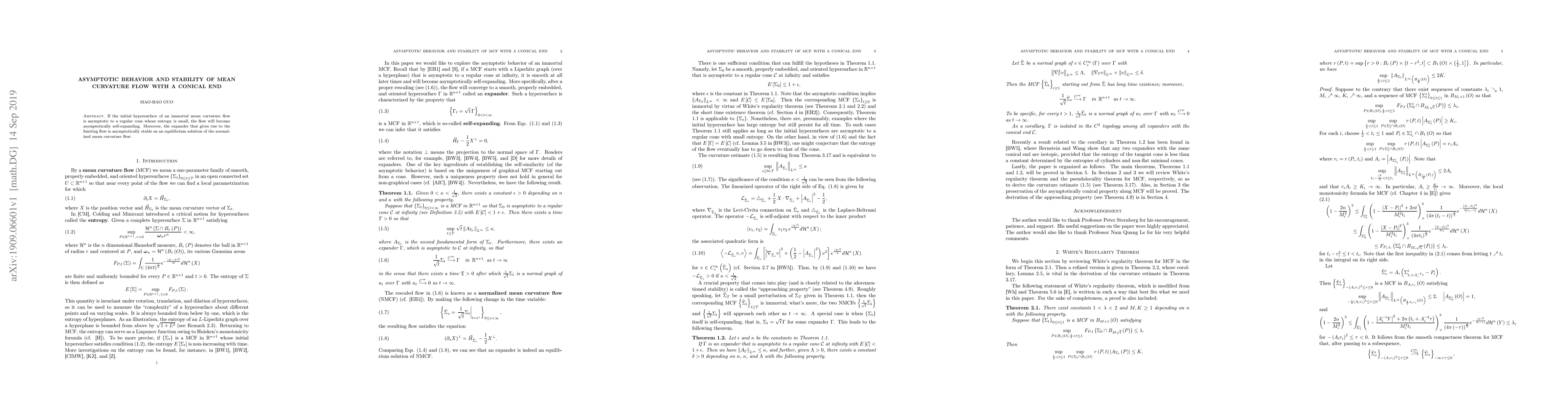 Thumbnail for Asymptotic Behavior and Stability of Mean Curvature Flow with a Conical
  End