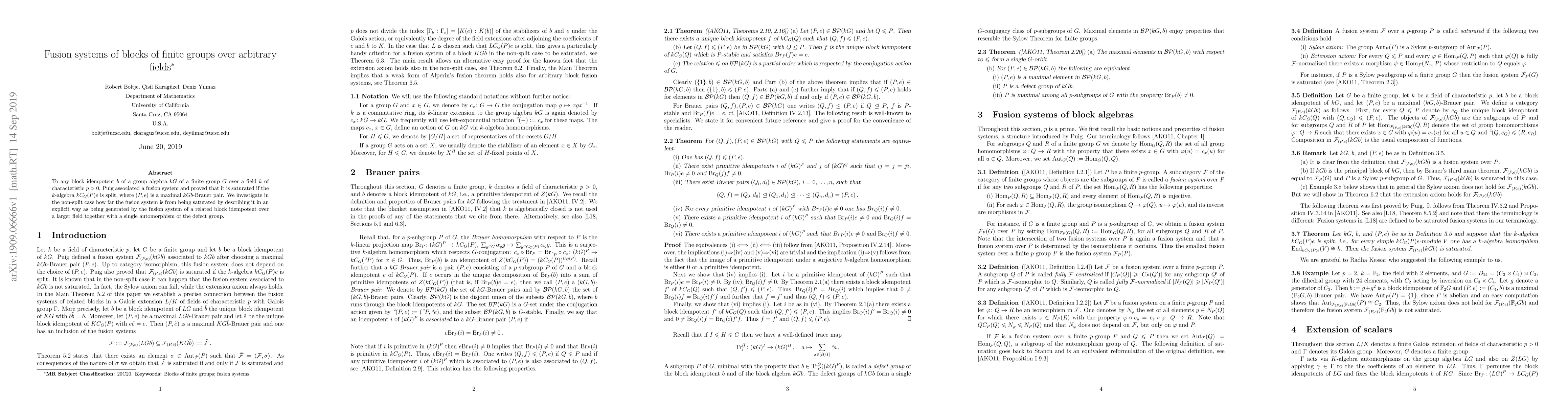 Thumbnail for Fusion systems of blocks of finite groups over arbitrary fields