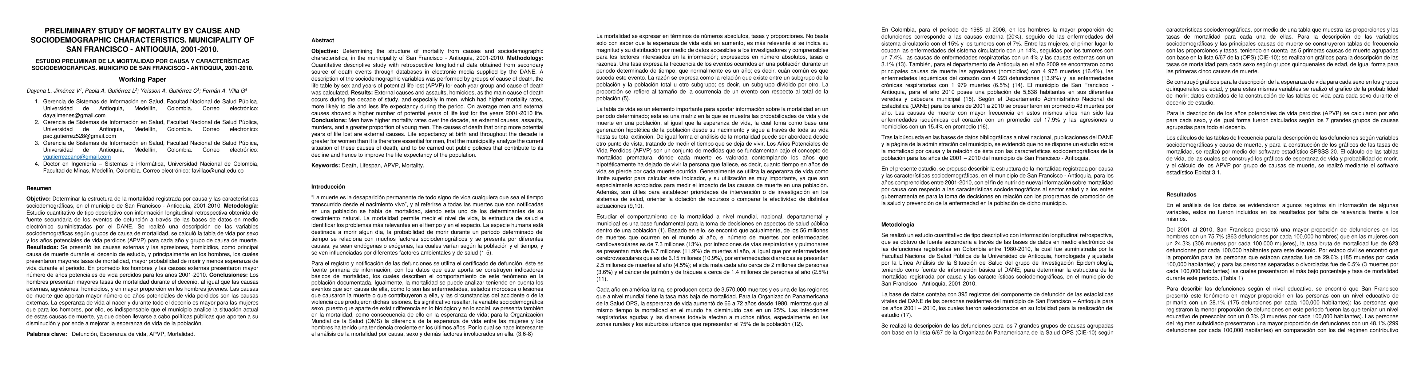 Thumbnail for Preliminary study of mortality by cause and sociodemographic
  characteristics, municipality of San Francisco, Antioquia (Columbia),
  2001-2010