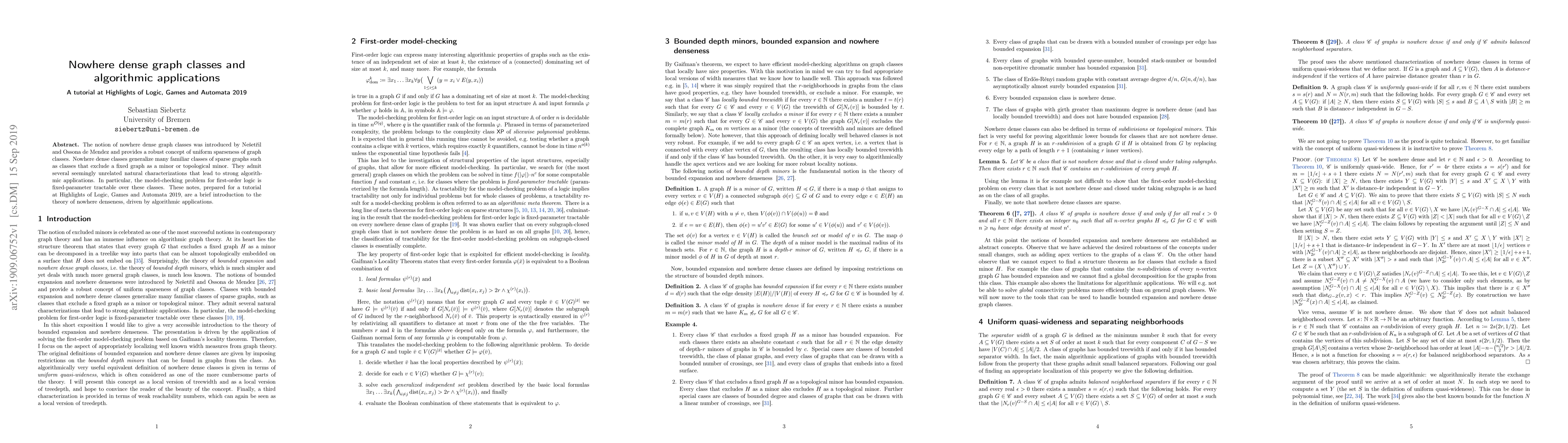 Thumbnail for Nowhere dense graph classes and algorithmic applications. A tutorial at
  Highlights of Logic, Games and Automata 2019