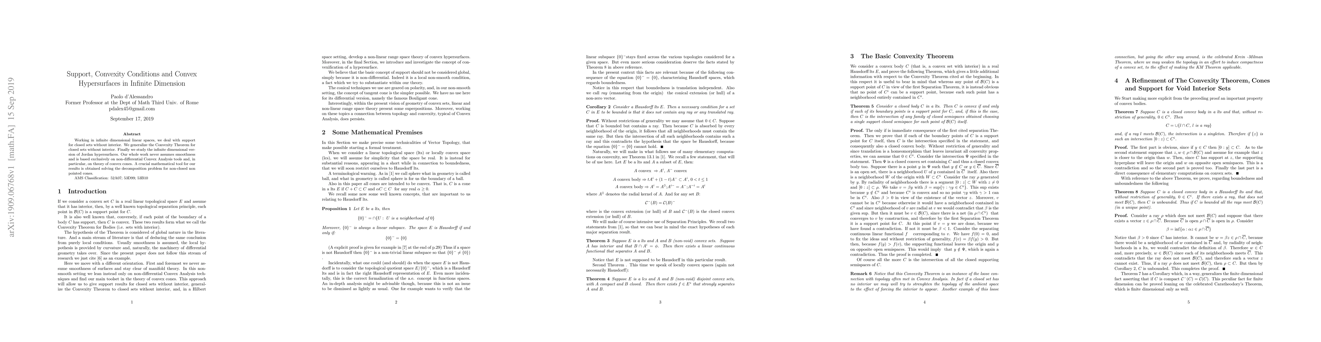 Thumbnail for Support, Convexity Conditions and Convex Hypersurfaces in Infinite
  Dimension