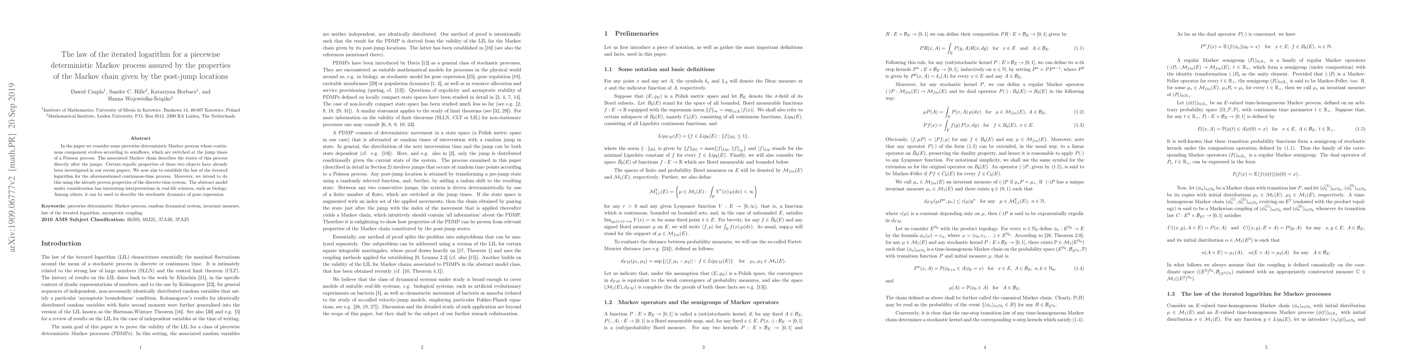 Thumbnail for The law of the iterated logarithm for a piecewise deterministic Markov
  process assured by the properties of the Markov chain given by its post-jump
  locations