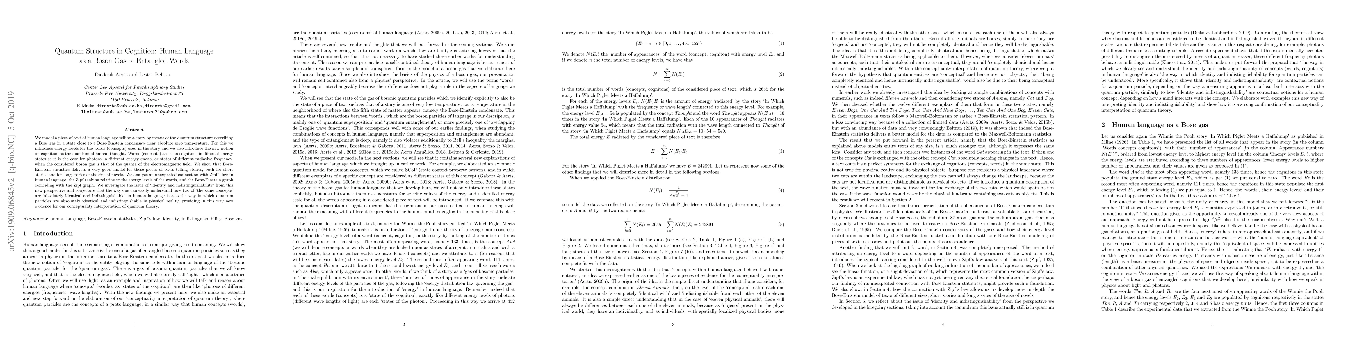 Thumbnail for Quantum Structure in Cognition: Human Language as a Boson Gas of
  Entangled Words