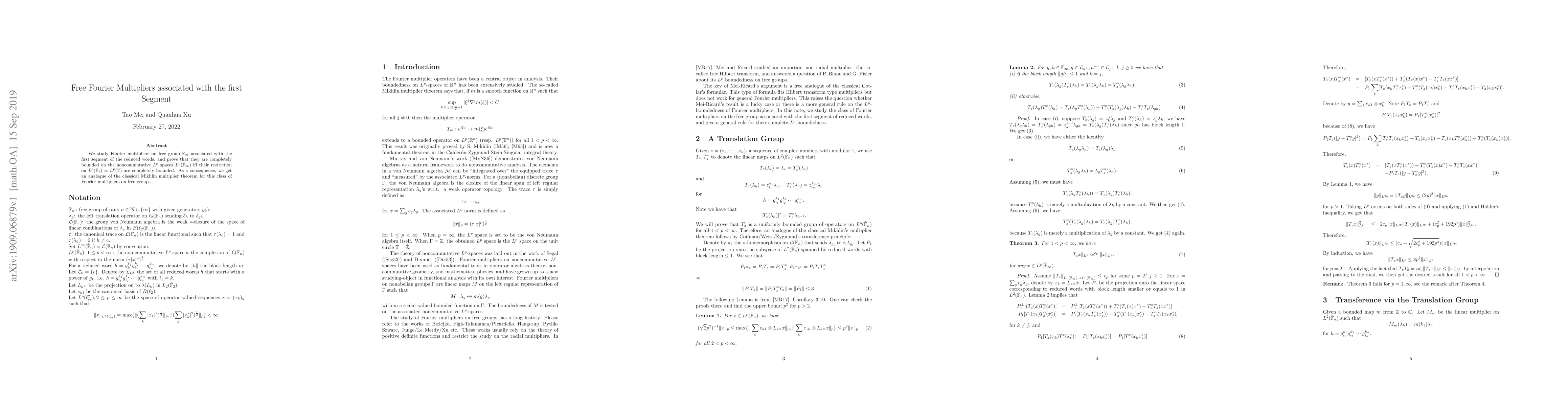 Thumbnail for Free Fourier Multipliers associated with the firstSegment