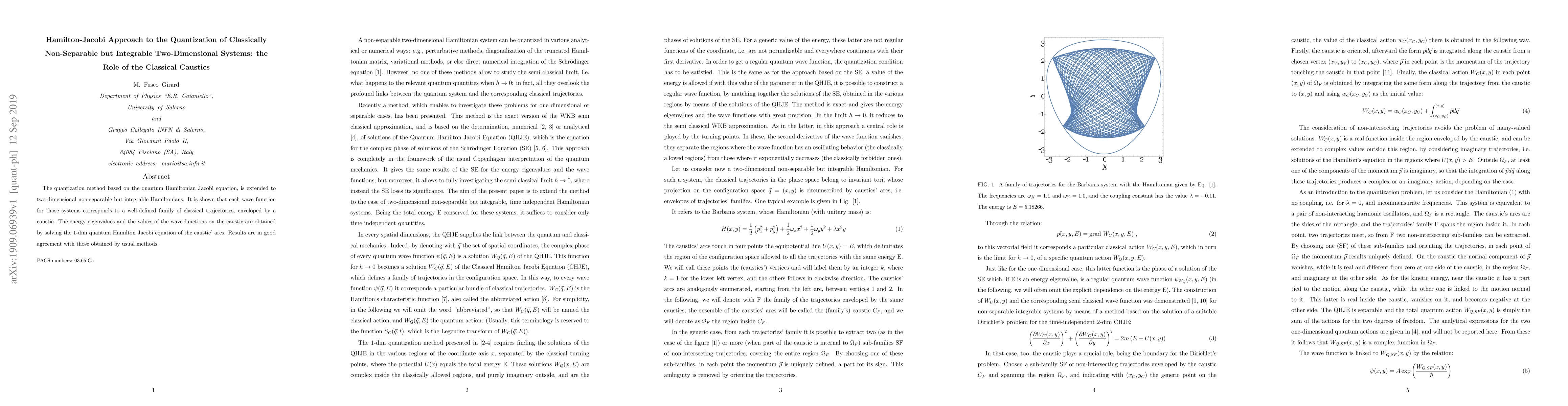 Thumbnail for Hamilton-Jacobi Approach to the Quantization of Classically
  Non-Separable but Integrable Two-Dimensional Systems: the Role of the
  Classical Caustics