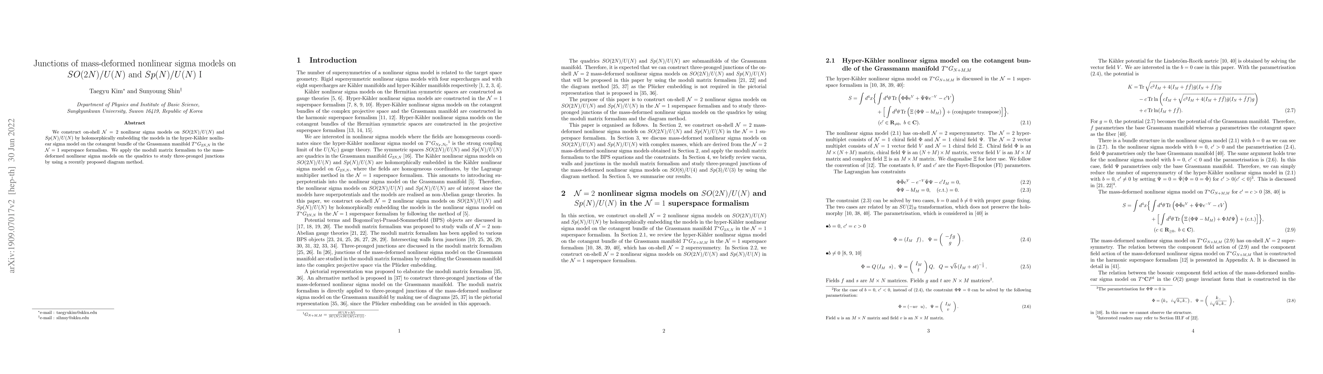 Thumbnail for Junctions of mass-deformed nonlinear sigma models on $SO(2N)/U(N)$ and
  $Sp(N)/U(N)$ I
