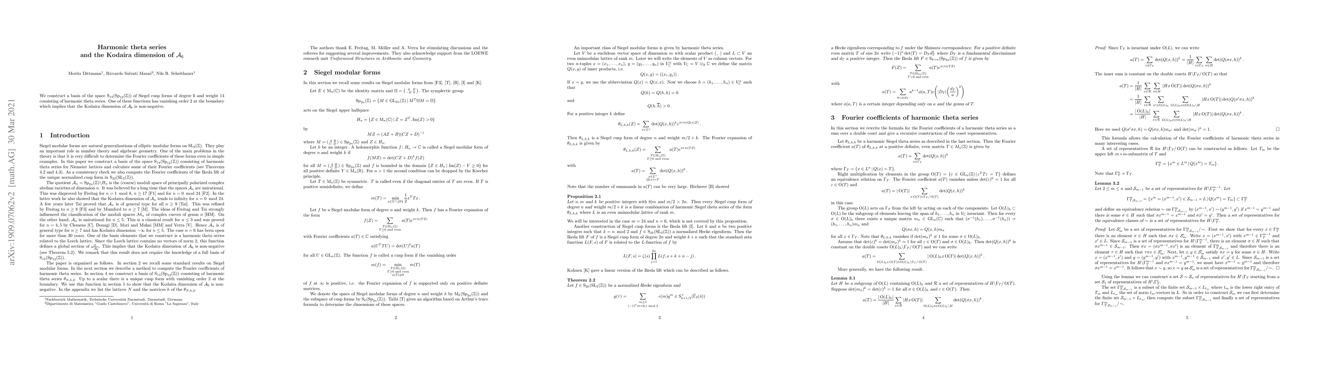 Thumbnail for Harmonic theta series and the Kodaira dimension of $\mathcal{A}_6$